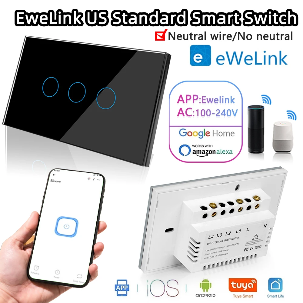 

EWelink Smart switch Wifi App Bluetooth RF Alexa Google home voice remote 100V-240V Neutral wire Install Touch light switch wall