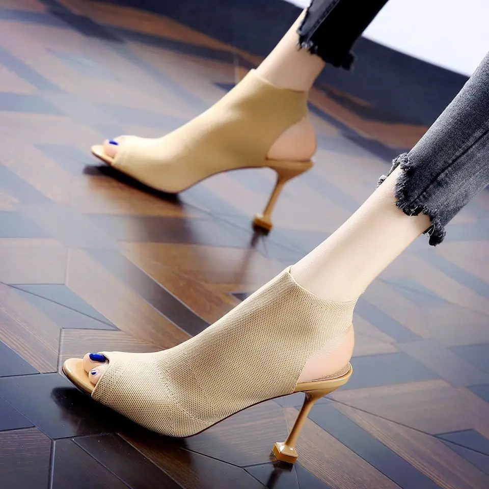 

Сандалии женские на высоком каблуке, вязаные эластичные сетчатые Босоножки с открытым носком, европейская обувь без застежки, туфли с открытым носком