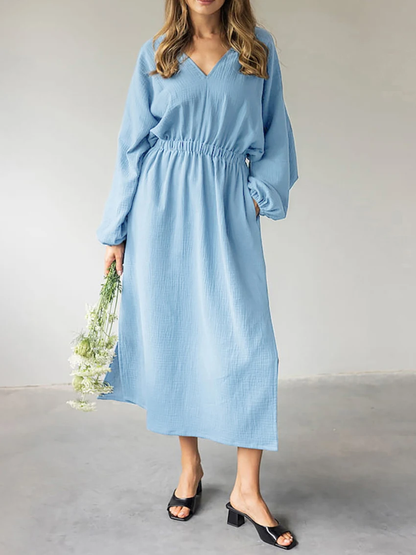 

Marthaqiqi Cotton Female Nightgowns Sexy V-Neck Sleepwear Long Sleeve Nightwear Mid-Calf Dress Casual Home Clothes For Women