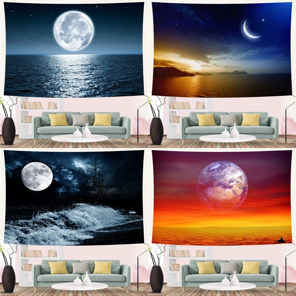 

3D Print Sea Full Moon Planet Wall Hanging Tapestry Bedroom Living Room Decor Boho Ocean Waves Natural Scenery Tapestries Mural