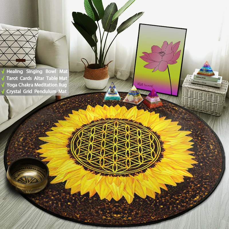 

Sacred Sunflower Flower Of Life Round Rug Indian Mandala Carpet Buddhist Meditation Mat Yoga Room Reiki Chakra Art Decoration