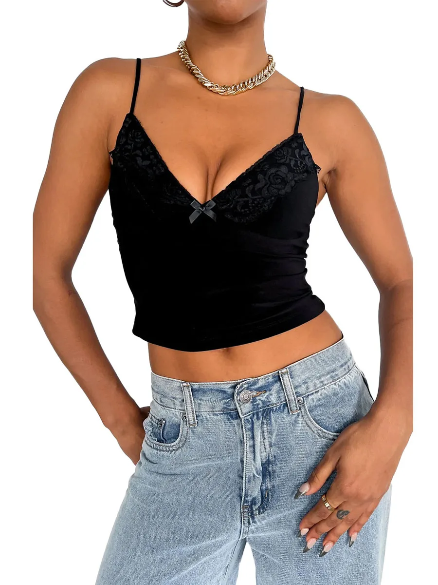 

Women Sexy Spaghetti Strap Cami Tank Crop Tops Slim Fit Scoop Neck Camisole Basic Going Out Top(Black Lace Small)