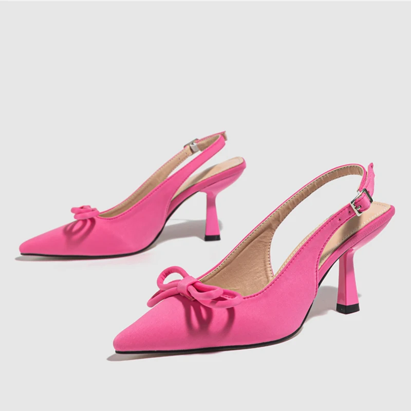 

Женские туфли-лодочки на высоком каблуке 8 см, ярко-розовые, зеленые туфли с острым носком и ремешком на пятке, шелковые сандалии с бантом, женская обувь на низком каблуке для выпускного, 2023