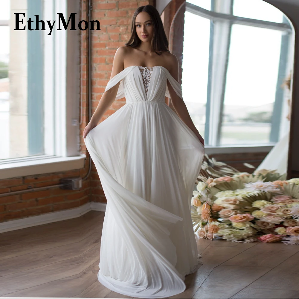 

Ethymon Modern Strapless Wedding Dresses Off The Shoulder A-line Lace Appliques Pleat Tulle Vestidos De Novia Custom Made