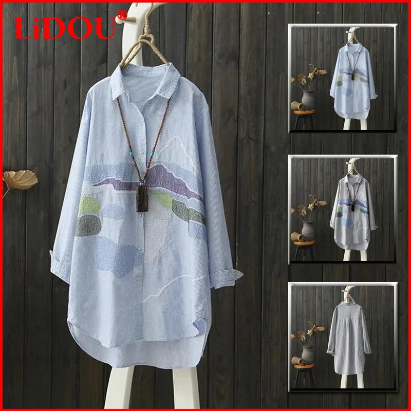 Summer Women Stripe Embroidery Blouse Long Sleeve Cotton Tops Lady Casual Button Polo Collar Female Oversized Midi-length Shirt
Summer Women Stripe Embroidery Blouse Long Sleeve Cotton Tops Lady Casual Button Polo Collar Female Oversized Midi-length Shirt