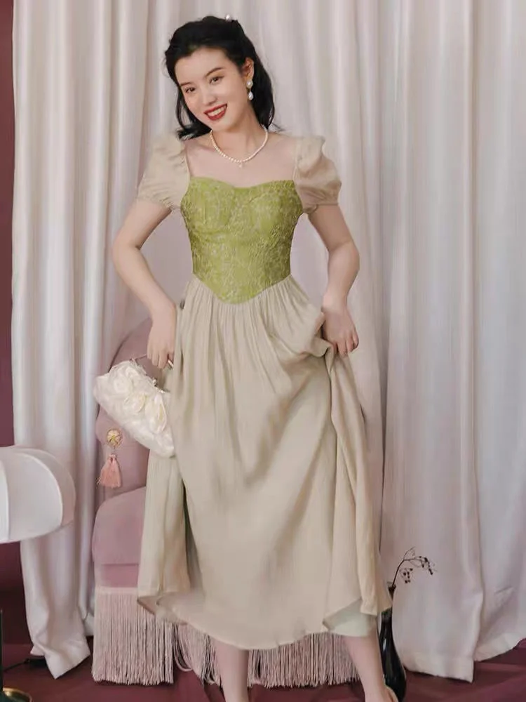 Elegance Long Dress Women Vintage Summer French Fairy Skinny Temperament Mesh Patchwork Bubble Short Sleeve Dresses 
Elegance Long Dress Women Vintage Summer French Fairy Skinny Temperament Mesh Patchwork Bubble Short Sleeve Dresses