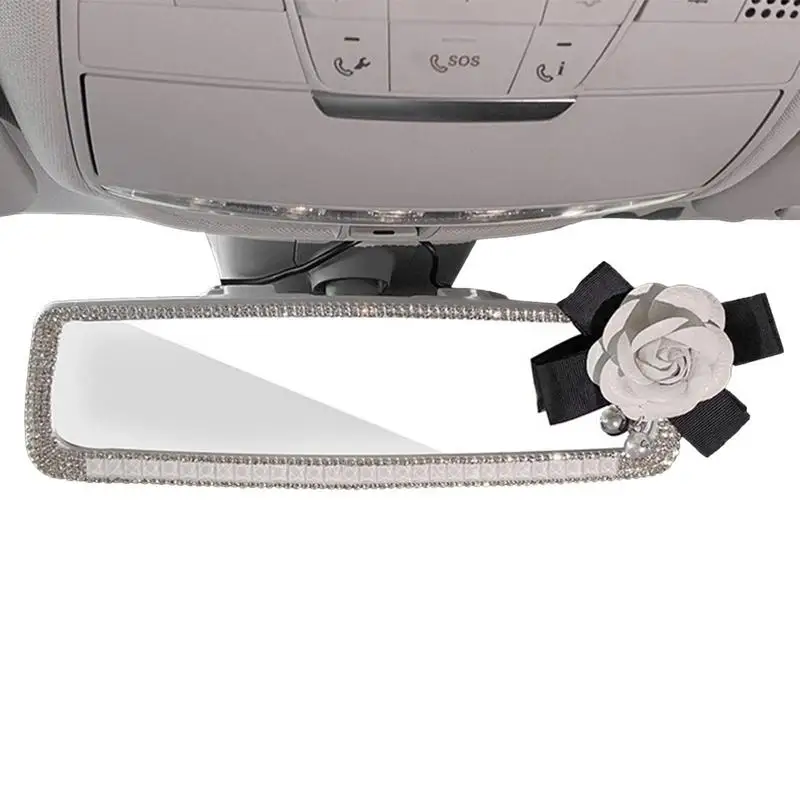

Bling Rear View Mirror Camellia Car Interior Accessories With Rhinestones Auto Rearview Mirror Decoration For Women Ladies Girls