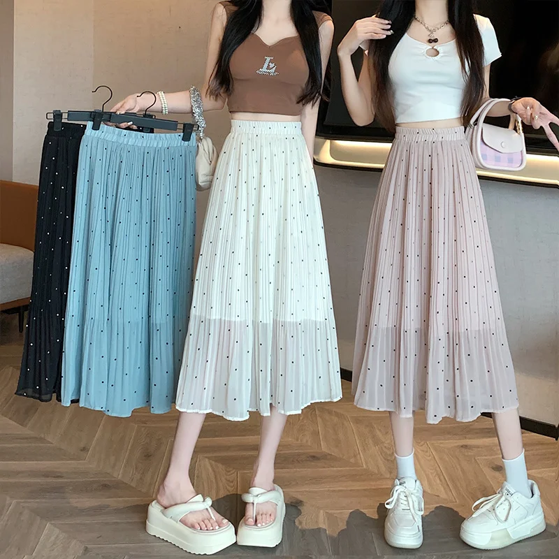 Polka Dot Folds Chiffon Skirt Women 2023 Summer Elelgant Drape Beach Holiday Long Skirt Female Korean Fashion Fariy A-line Jupe 
Polka Dot Folds Chiffon Skirt Women 2023 Summer Elelgant Drape Beach Holiday Long Skirt Female Korean Fashion Fariy A-line Jupe