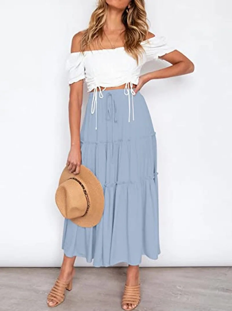 

Womens High Waisted Midi Maxi Skirt Summer Solid color Pleated A-Line Flowy Swing Tiered Long Beach Skirt Faldas De Mujer