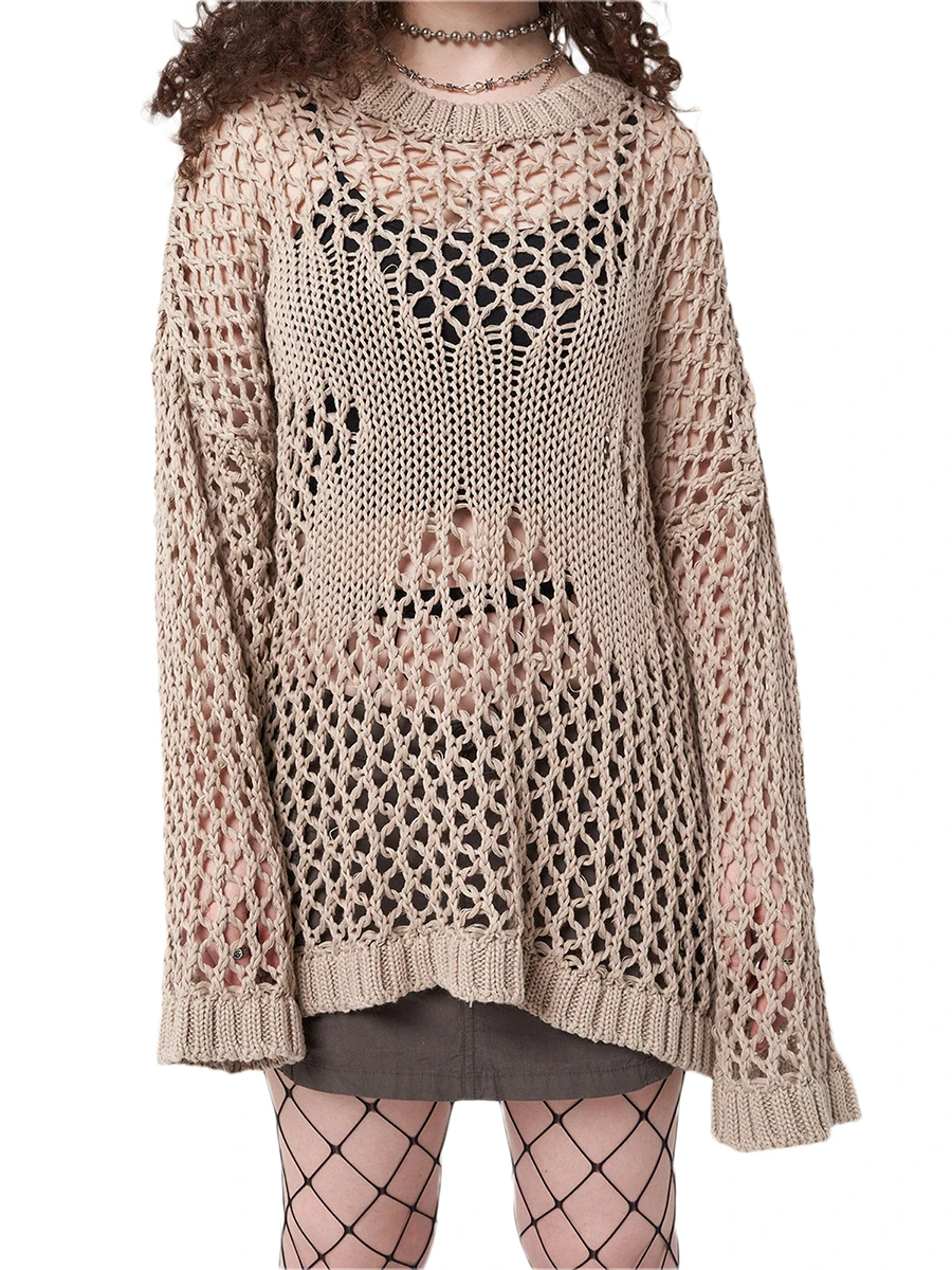 Women Knitted Cover-Up Tops Solid Color Long Sleeve Round Neck Hollow-Out Loose Casual Beach Tops
Women Knitted Cover-Up Tops Solid Color Long Sleeve Round Neck Hollow-Out Loose Casual Beach Tops