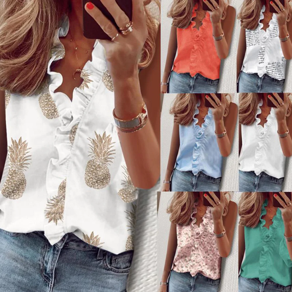 Summer V Neck Sleeveless T-shirt Women Printing Blouses Tunic Shirt Fashion Elegant Ruffles Ladies Pullover Tshirt Top 2022
Summer V Neck Sleeveless T-shirt Women Printing Blouses Tunic Shirt Fashion Elegant Ruffles Ladies Pullover Tshirt Top 2022