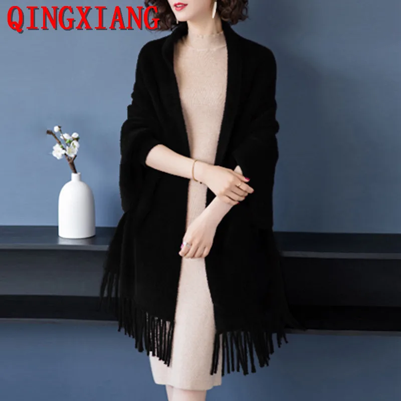 

2022 Korean Oversize Cloak Winter Knitted Poncho Women Faux Mink Velvet Loose Shawl Capes Long Batwing Sleeves Tassel Shawl