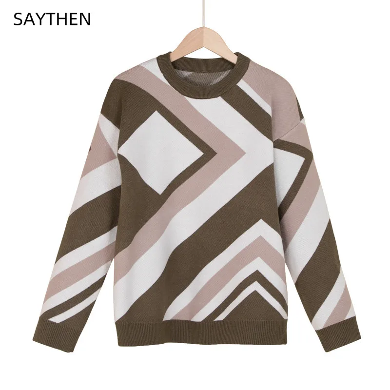SAYTHEN Women's Autumn/Winter Khaki Geometric Irregular Pattern Round Neck Loose Patchwork Pullover Long Sleeve Casual Sweater
SAYTHEN Women's Autumn/Winter Khaki Geometric Irregular Pattern Round Neck Loose Patchwork Pullover Long Sleeve Casual Sweater