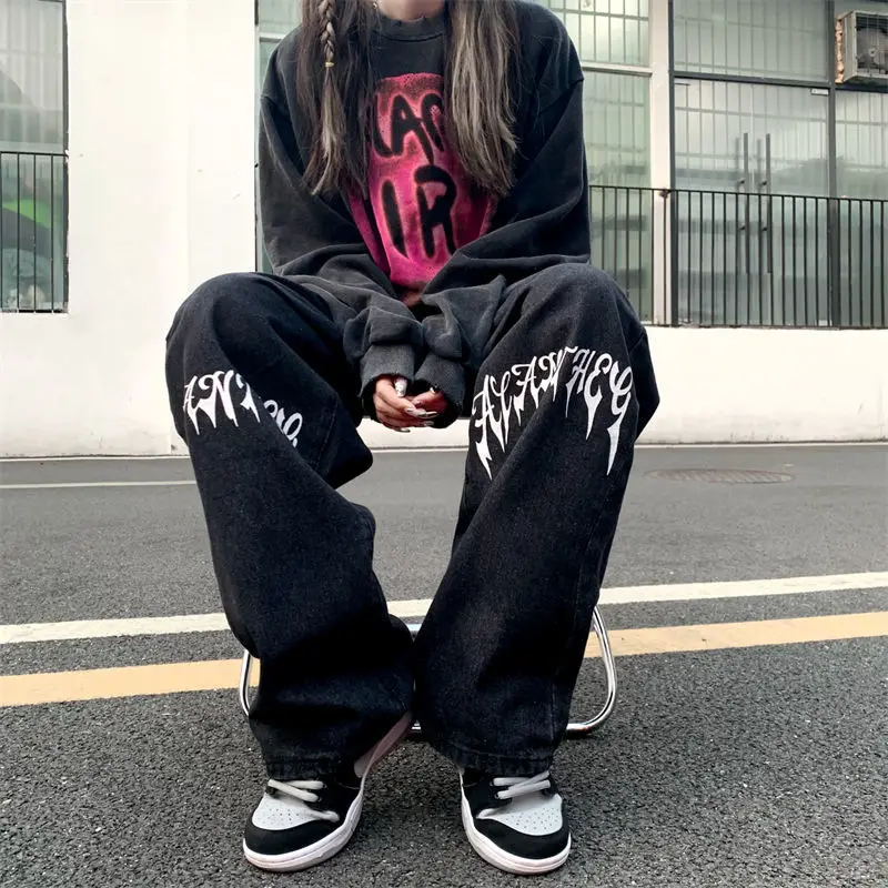 Gothic Grunge Black Baggy Jeans Women Oversize Streetwear Print Wide Leg Denim Long Pants Harajuku Black Trousers Female Jean
Gothic Grunge Black Baggy Jeans Women Oversize Streetwear Print Wide Leg Denim Long Pants Harajuku Black Trousers Female Jean