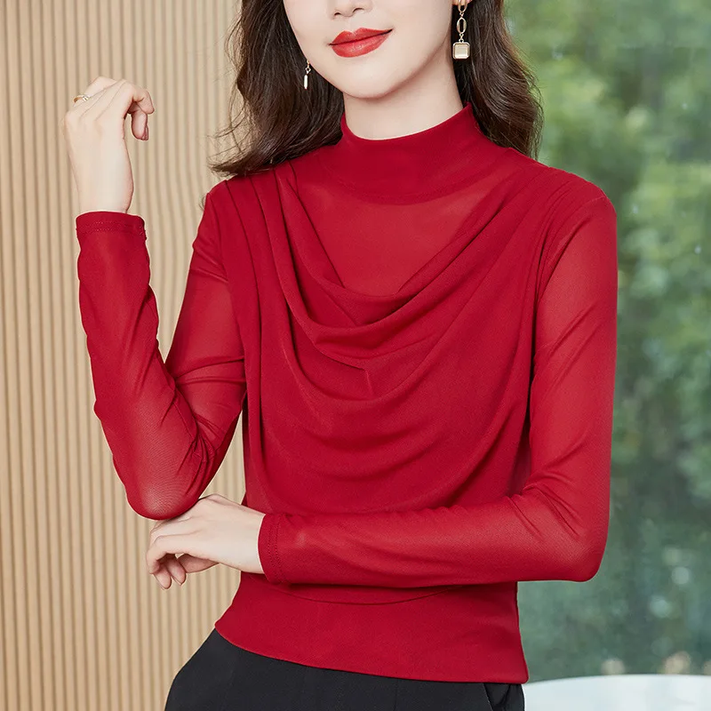 Autumn 2022 New Women's T-Shirt Fashion Casual Turtleneck Long Sleeved Solid Color Mesh Tops M-4XL Loose Blusas
Autumn 2022 New Women's T-Shirt Fashion Casual Turtleneck Long Sleeved Solid Color Mesh Tops M-4XL Loose Blusas