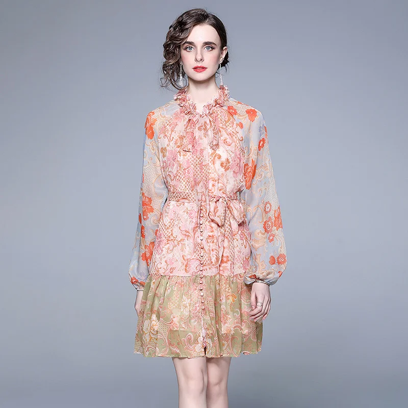 High Quality Summer Women Flower Print O Neck Lantern Sleeve With Belt Chfifon Designer Runway High Waist Mini Holiday Dress
High Quality Summer Women Flower Print O Neck Lantern Sleeve With Belt Chfifon Designer Runway High Waist Mini Holiday Dress