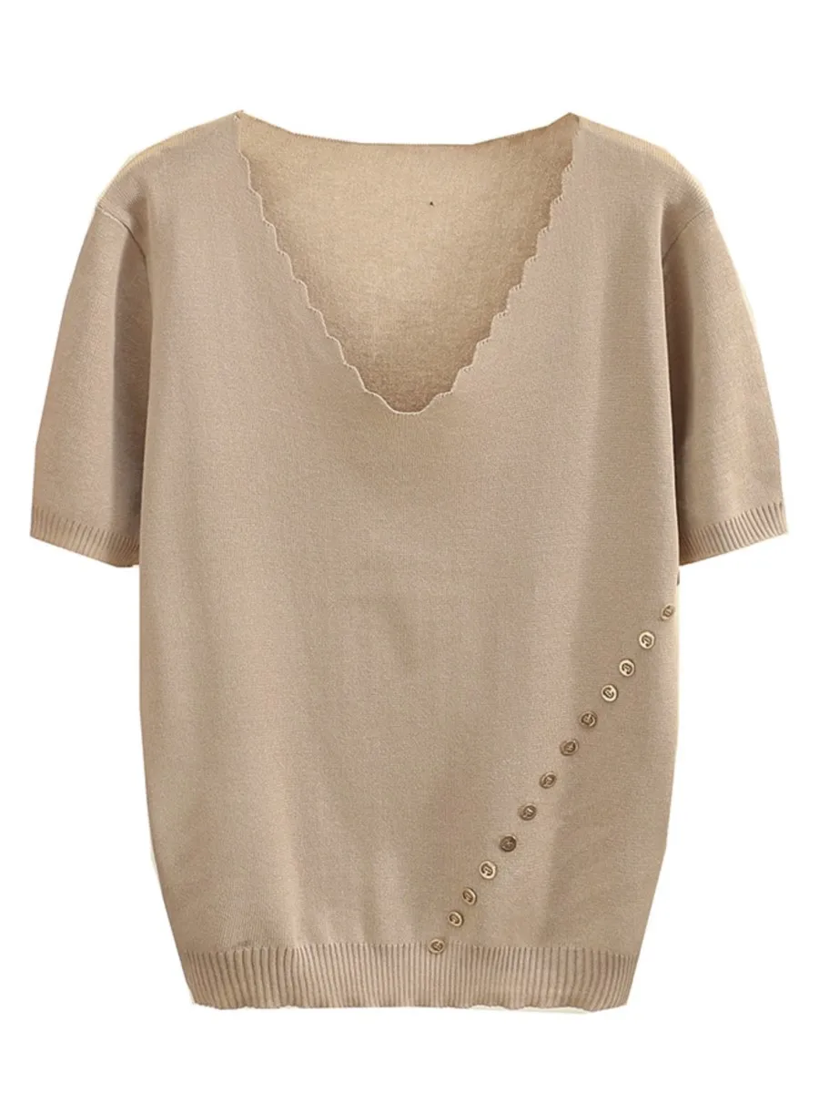 Women's Plus Size T-Shirt Ice Knitted Metal Button Decoration Tee 2022 Summer Casual Short Sleeve V-Neck Tops
Women's Plus Size T-Shirt Ice Knitted Metal Button Decoration Tee 2022 Summer Casual Short Sleeve V-Neck Tops