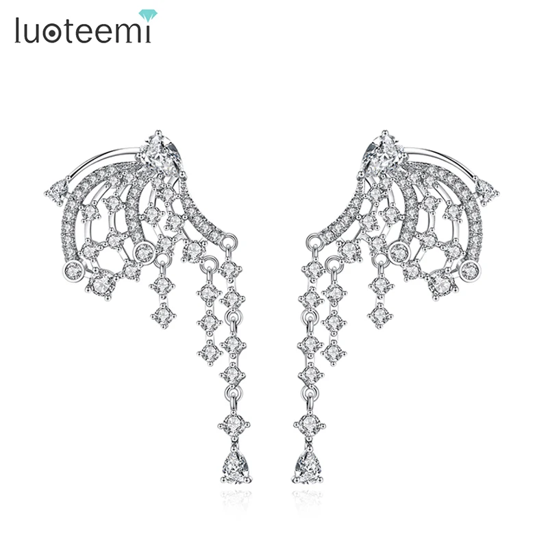 

LUOTEEMI Flying Butterfly Shape Long Tassel Earrings For Women Moving Wings Multiple Zircons CZ Wedding Bridal Drop Earrings