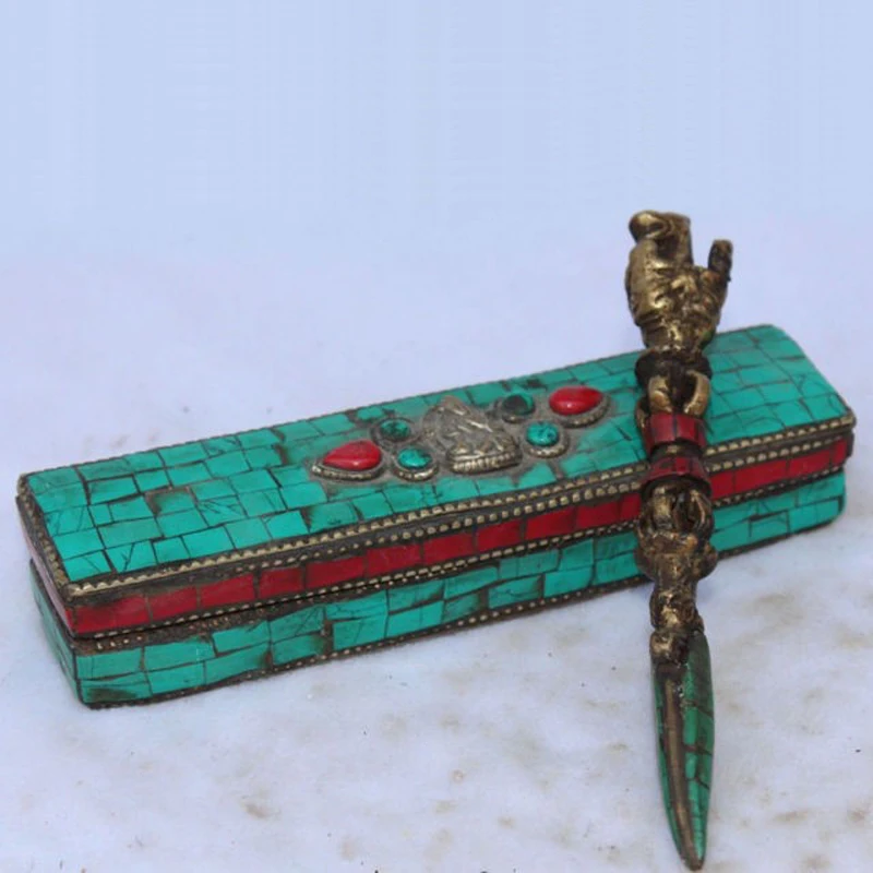 

Tibet Buddhism Turquoise & Red Coral Bronze Gilt Buddha Phurba Dagger Fa Qi Box