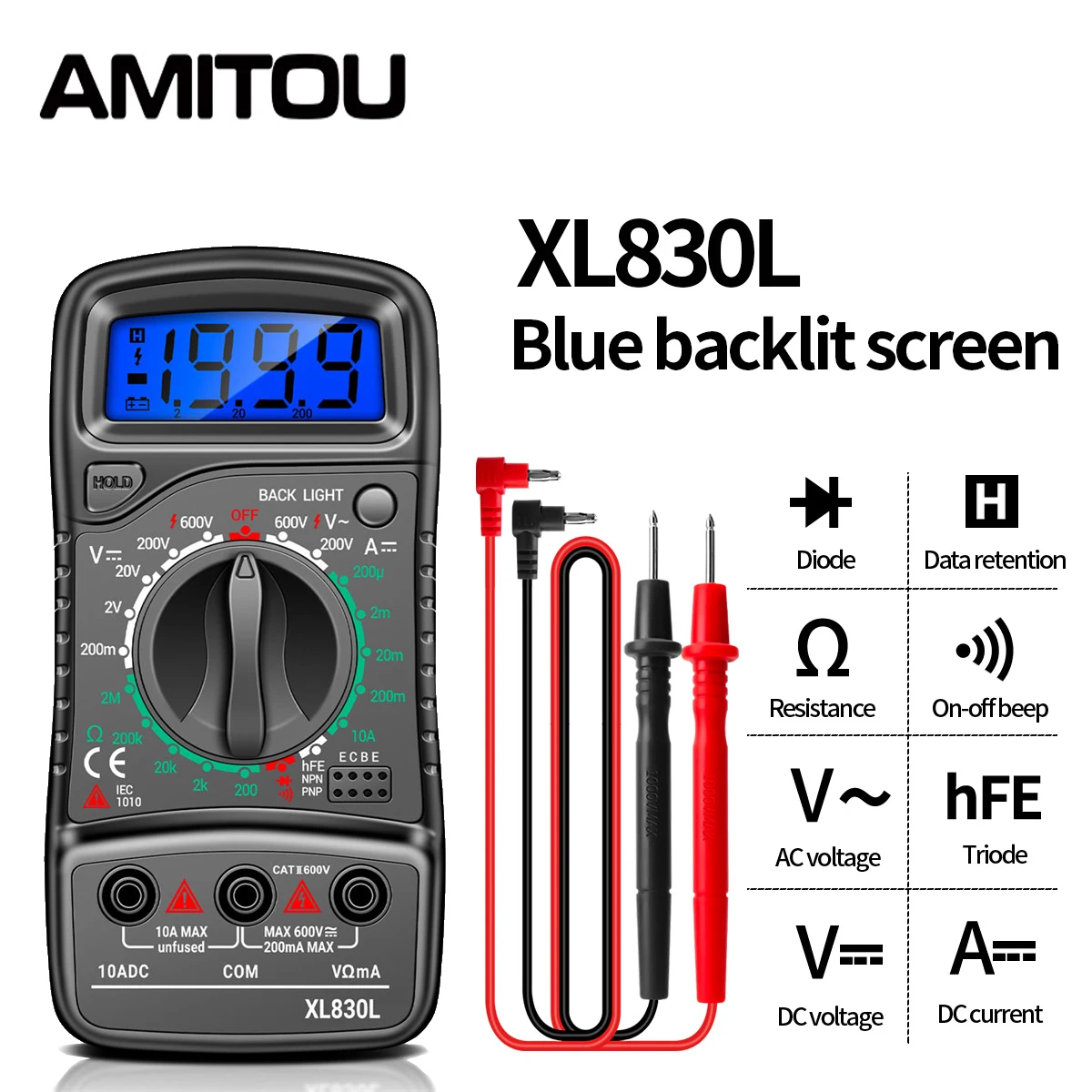 AMITOU XL830L 1999 Counts Digital Professional Multimeter Eletric Voltage Meter AC Current Ohm Backlight Tester with Test Wire
AMITOU XL830L 1999 Counts Digital Professional Multimeter Eletric Voltage Meter AC Current Ohm Backlight Tester with Test Wire