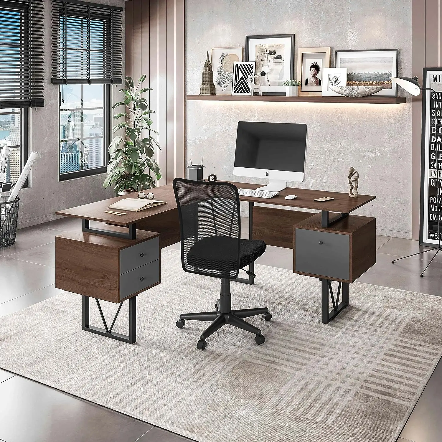

59\u201D W \u2013 Modern Versatile L Shaped Drawers and File Cabinet Home Office Desk, 59 x 57.75 x 30, Brown, Grey Cabinet Fili