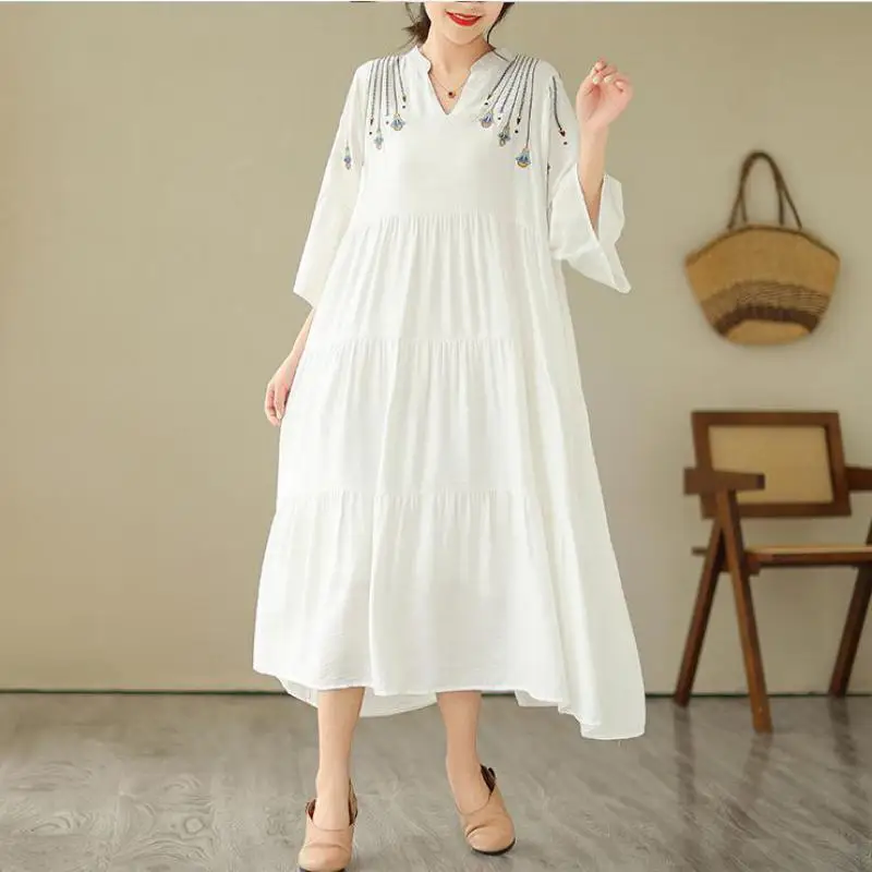 Tannt Women Dress Butterfly Sleeve V-neck Embroidery Shirts Dresses Fashion Loose Long Cheap Casual Women's Dresses 2023 New 
Tannt Women Dress Butterfly Sleeve V-neck Embroidery Shirts Dresses Fashion Loose Long Cheap Casual Women's Dresses 2023 New