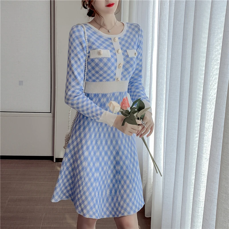 Vestidos Mujer Autumn Retro Slim Temperament Korean Style Blue O Neck Long-sleeved Plaid Knitted Dress Women Fashion OL Robe
Vestidos Mujer Autumn Retro Slim Temperament Korean Style Blue O Neck Long-sleeved Plaid Knitted Dress Women Fashion OL Robe