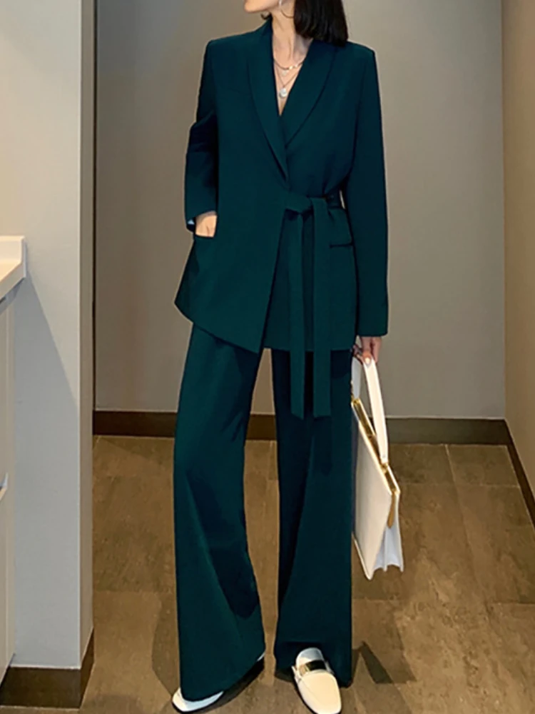 

Casual 2 Pieces Trouser Set for Women Long Sleeve Belted Suit Jackets & High Waist Wide Leg Pants Office Ladies Black Pant Suits