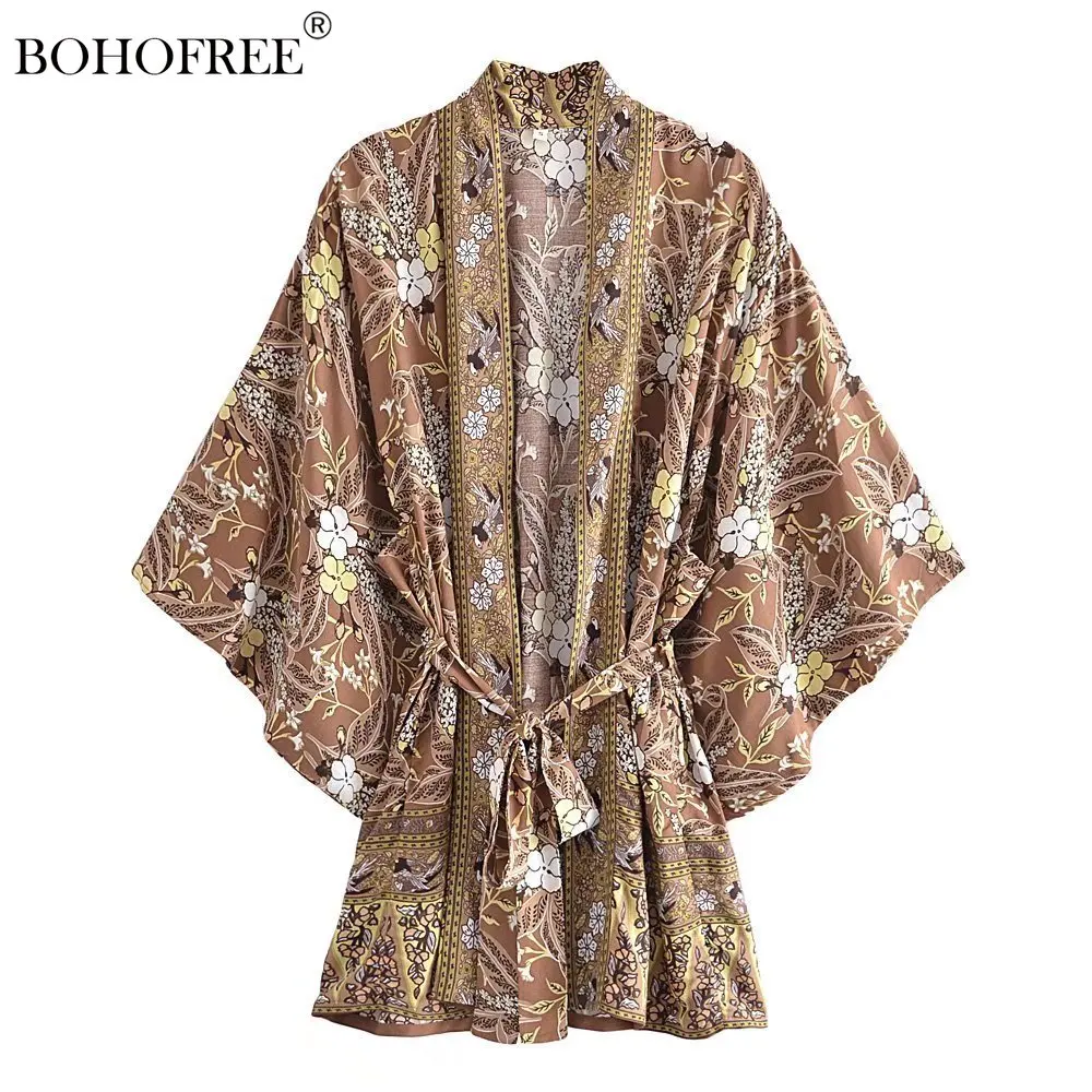 

Bohemian Style Ethnic Floral Print Rayon Cotton Sashes Hippie Gypsy Kimono Beach Bikini Cover Ups Boho Robes Kimono Mujer
