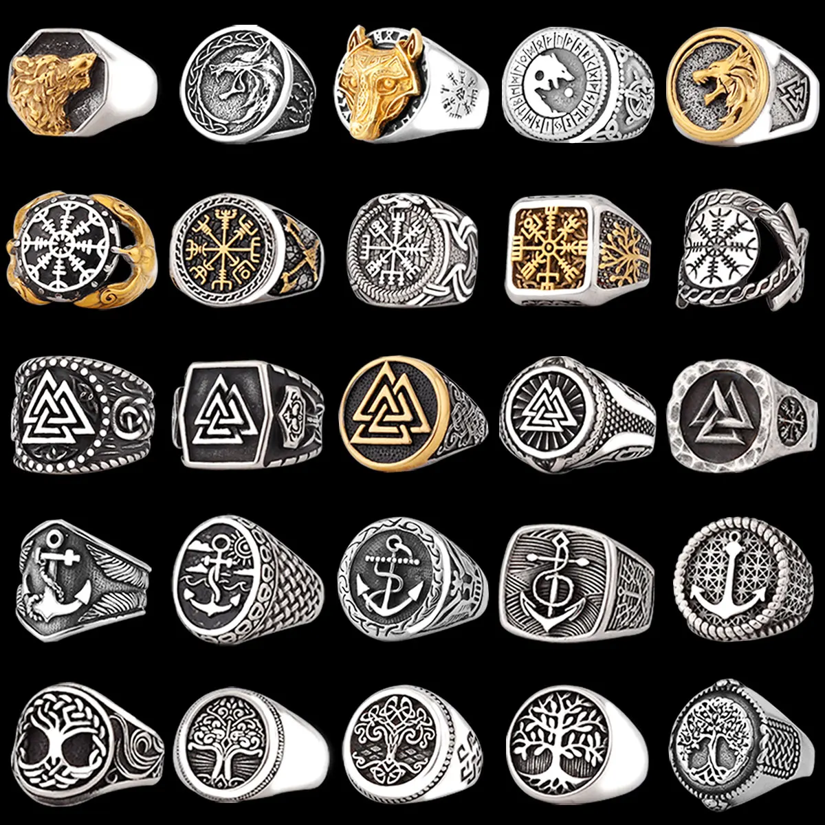 

Viking Stainless Steel Ring Anchor Compass Tree of Life Nordic Viking Rune Wolf Men and Women Ring Jewelry for Boyfriend as Gift