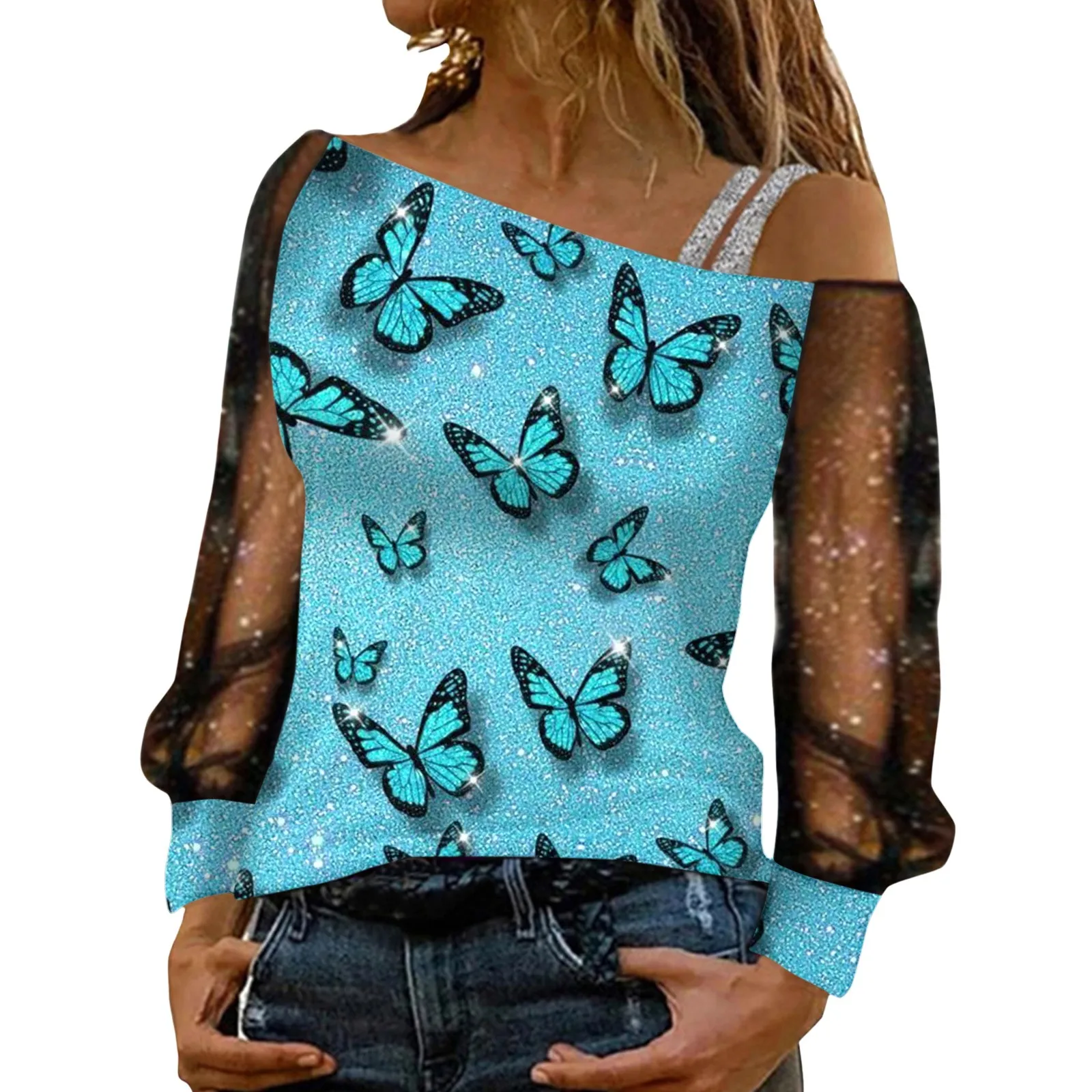 Women Fashion Casual Sequin Print Off Shoulder Mesh Long Sleeve Splicing Polyester Long Sleeve Casual Shirts for Women Summer
Women Fashion Casual Sequin Print Off Shoulder Mesh Long Sleeve Splicing Polyester Long Sleeve Casual Shirts for Women Summer