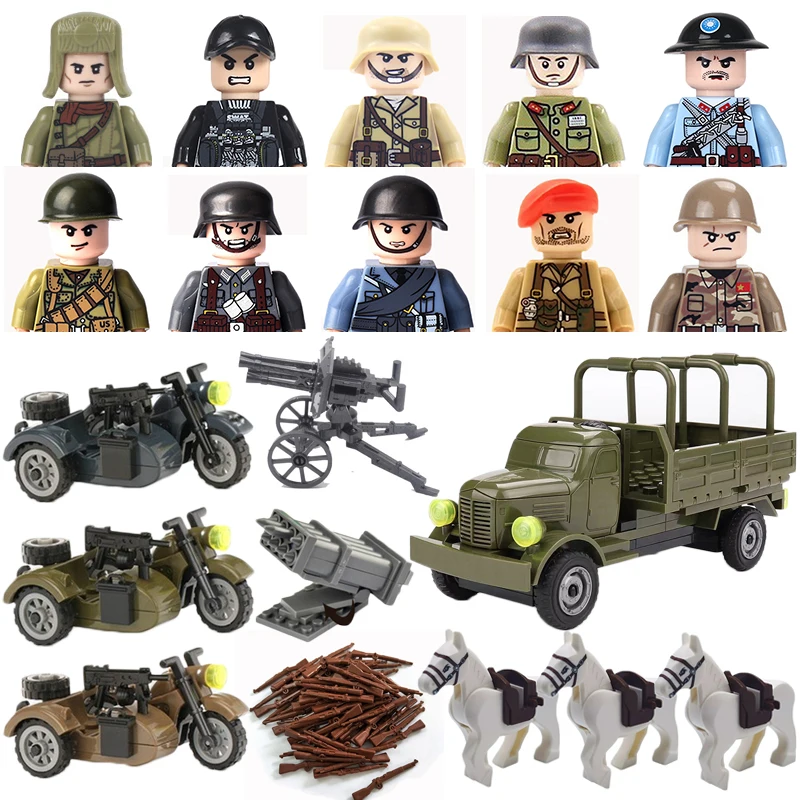 

Военные строительные блоки, игрушки, Вторая мировая война, США, Германия, британская армия, фигурки солдат, оружие для боя, мотоциклетная тех...