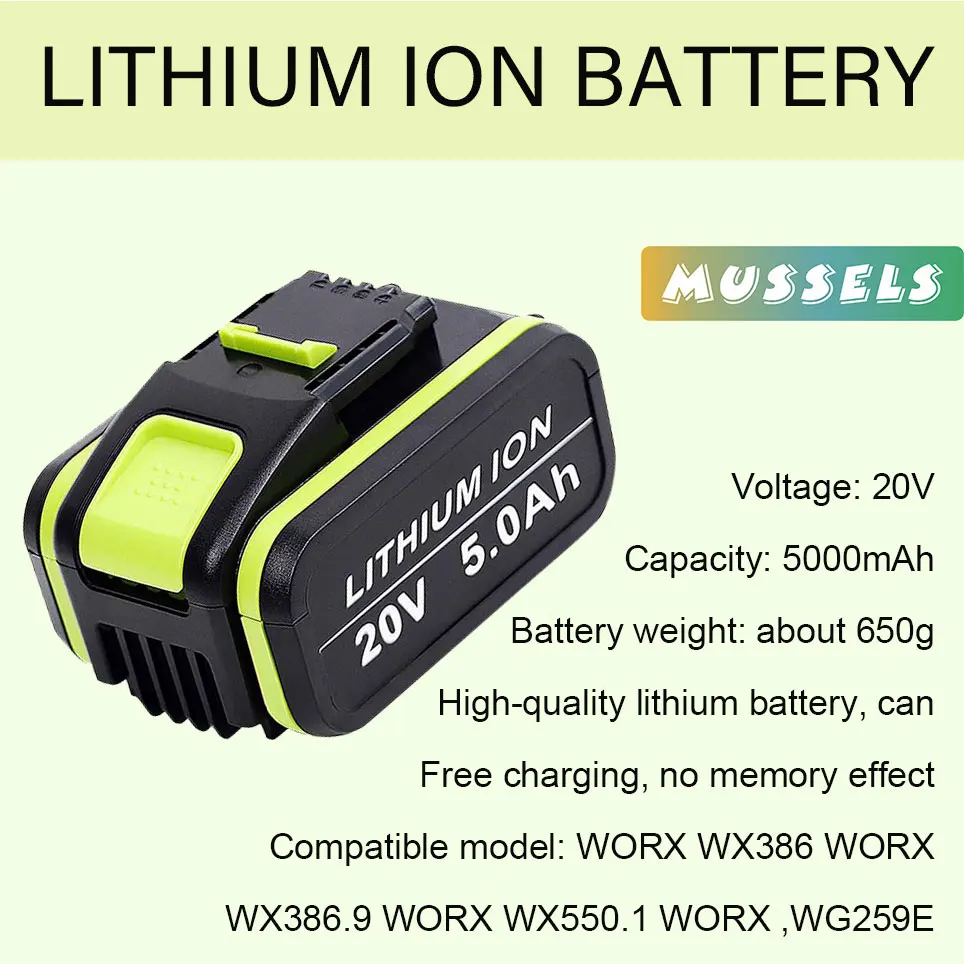 20V 5000mAh WA3551 Li-ion Power Tool Replacement Rechargeable Battery for Worx WA3553 WX390 WX178 WX550 WX386 WX678 WG894E
20V 5000mAh WA3551 Li-ion Power Tool Replacement Rechargeable Battery for Worx WA3553 WX390 WX178 WX550 WX386 WX678 WG894E