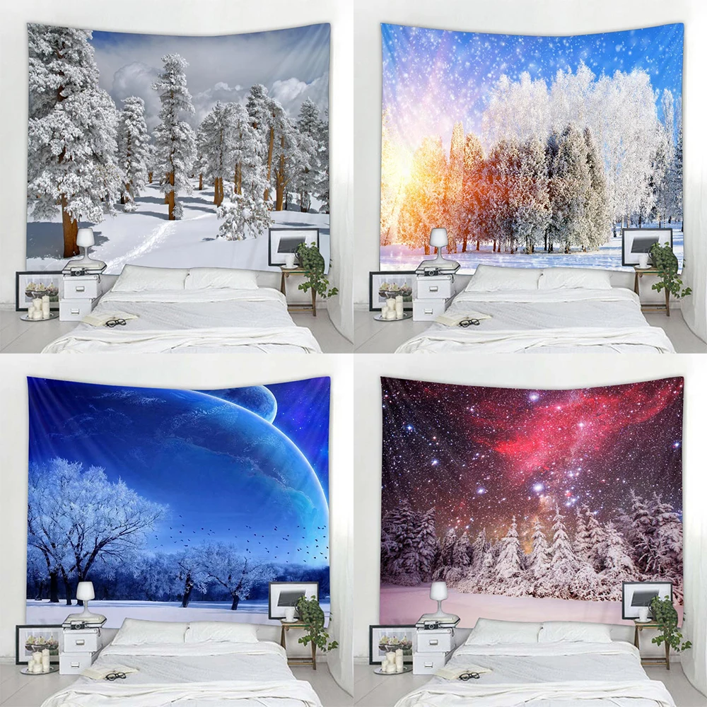 

Home Decor Christmas Snow Tapestry Santa Claus Gift Fireplace Christmas Tree Elk Wall Hanging Bedroom Dorm Backdrop