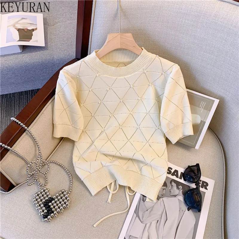 2023 Summer Peals Beading Argyle Sweater Women Short Sleeve Knitted T Shirt Korean O-neck Pullover Slim Crop Top Knitwear Jumper
2023 Summer Peals Beading Argyle Sweater Women Short Sleeve Knitted T Shirt Korean O-neck Pullover Slim Crop Top Knitwear Jumper