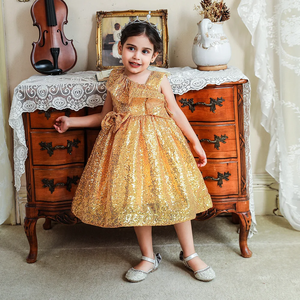 SummerSleeveless Bridesmaid Party Dress Flower Costume Gold Sequins Kids Dresses For Wedding Dress Vestido 
SummerSleeveless Bridesmaid Party Dress Flower Costume Gold Sequins Kids Dresses For Wedding Dress Vestido