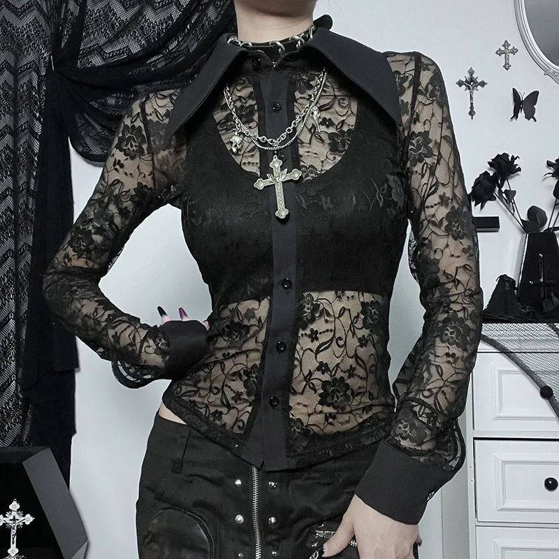 

Рубашка в викторианском стиле, готика, черный кружевной топ, сетчатая блузка с отложным воротником и длинным рукавом, Женские винтажные Топы в темноте