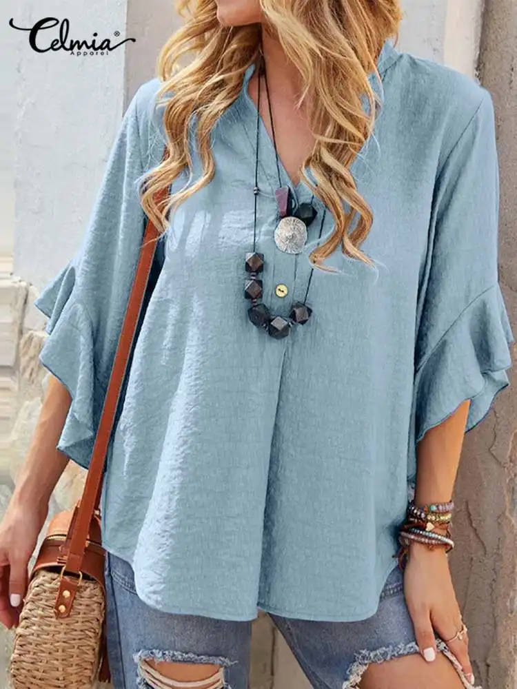 

Celmia 2023 3/4 Flare Sleeve Ruffled Shirts Summer Asymmetrical Hem Tunic Women Vintage V Neck Blouses Casual Loose Ladies Tops