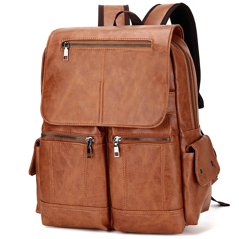 

2022 Vintage Pu Leer Tiener Rugzakken Retro Mode Schooltas Man Multifunctionele Rugzak Mannen Rits Designer Grote Capaciteit Tas