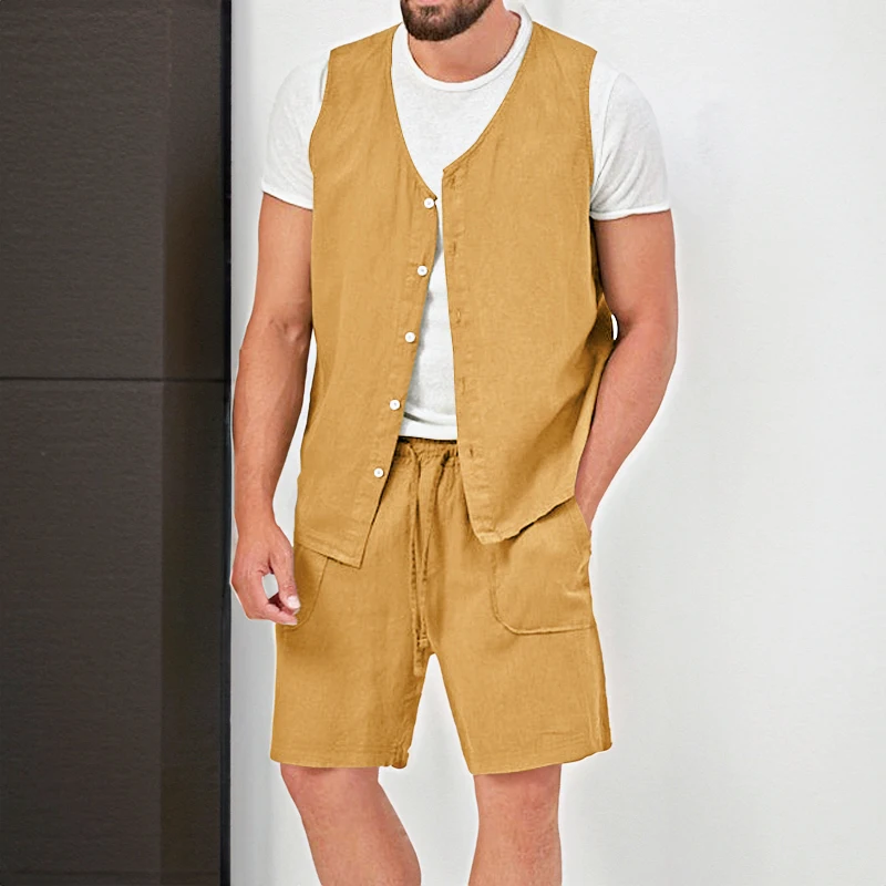 Pure Color Cotton and Linen Suit Men's 2023 Summer Casual Sleeveless Cardigan Shorts Quick-drying Two-piece Set
Pure Color Cotton and Linen Suit Men's 2023 Summer Casual Sleeveless Cardigan Shorts Quick-drying Two-piece Set