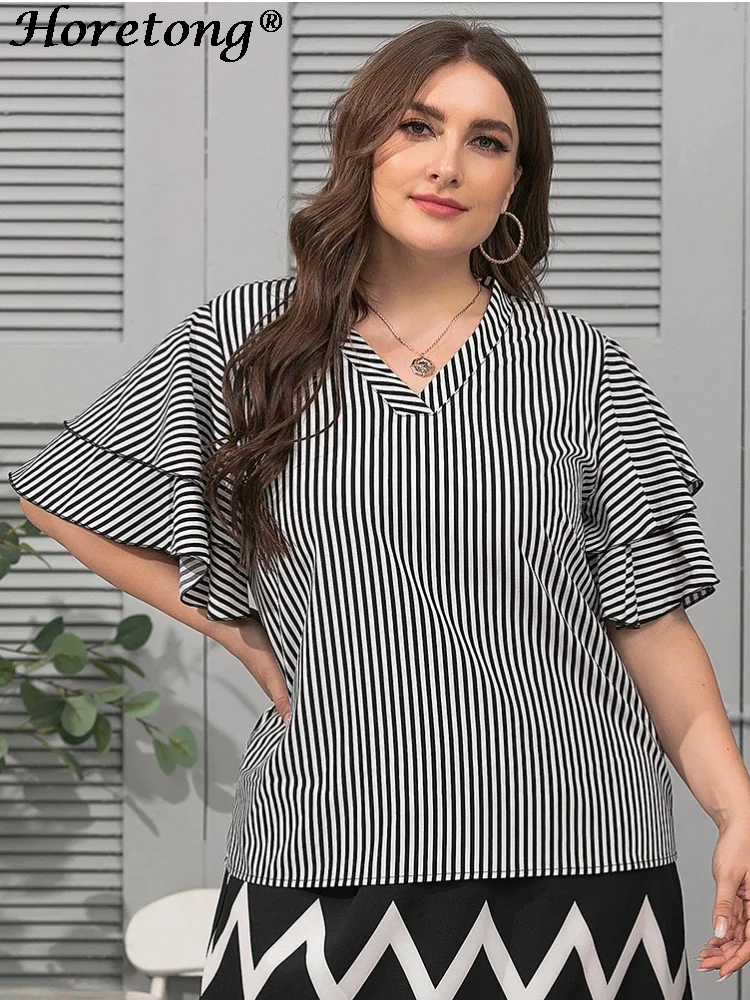 Horetong Ruffle Half Sleeve Blouses Plus Size Women V-neck Striped Tops Ladies Summer Fashion Casual Loose Pullover Blusas Mujer
Horetong Ruffle Half Sleeve Blouses Plus Size Women V-neck Striped Tops Ladies Summer Fashion Casual Loose Pullover Blusas Mujer