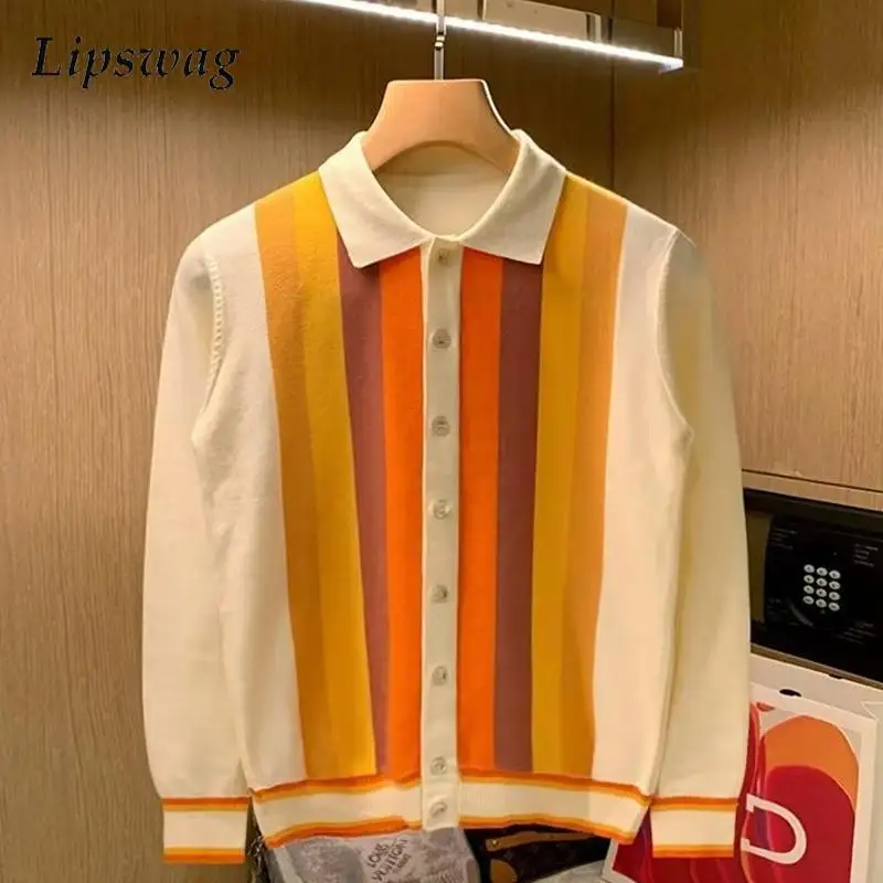 Knitting Shirts Men Classic Striped Jacquard Patchwork Polo Collar Sweater Shirt Tops Fall Vintage Long Sleeve Mens Knit Shirts
Knitting Shirts Men Classic Striped Jacquard Patchwork Polo Collar Sweater Shirt Tops Fall Vintage Long Sleeve Mens Knit Shirts