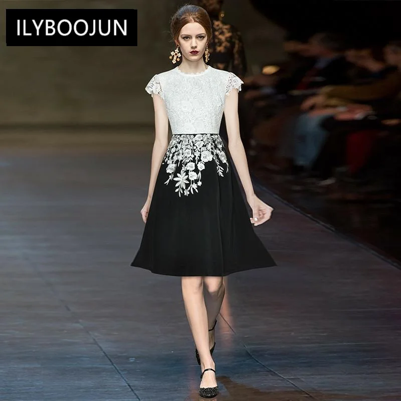 Fashion Runway Summer Dress Women's White Lace Patchwork Short Sleeve Embroidered Black Midi Dress
Fashion Runway Summer Dress Women's White Lace Patchwork Short Sleeve Embroidered Black Midi Dress