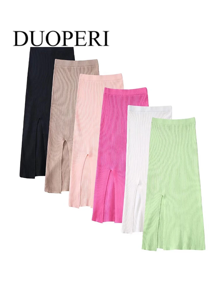 DUOPERI Women Fashion Knit Skirt With Front Split Vintage High Waist Female Skirts Mujer Chic Outfits
DUOPERI Women Fashion Knit Skirt With Front Split Vintage High Waist Female Skirts Mujer Chic Outfits