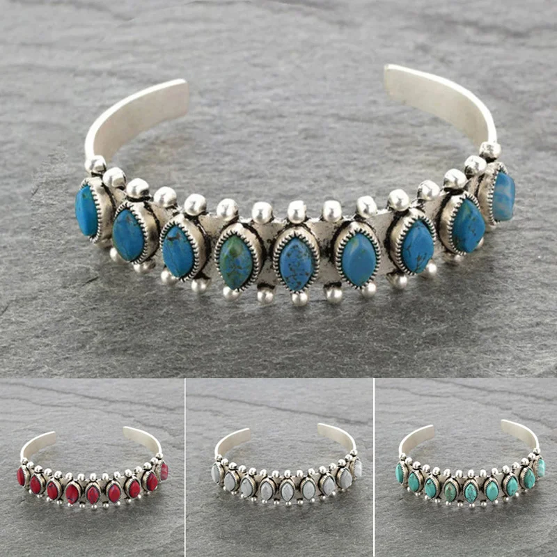 

New Exquisite Carving Antique Silver Color Natural Stone Cuff Bracelet for Women Luxury Adjustable Open Bracelet Jewelry Gifts