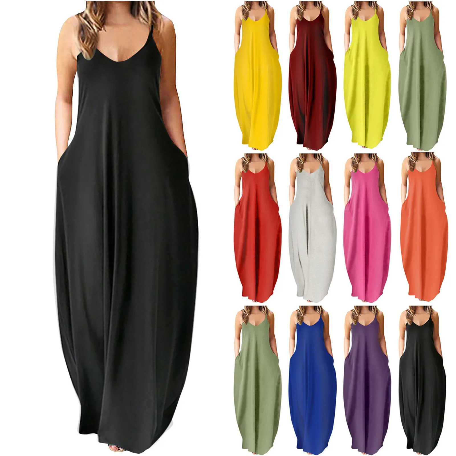 Sexy V-neck Sleeveless S-5xl 2022 Summer Women Spaghetti Strap Sundress Lady Solid Color Long Dress Dresses Women's Pockets Robe
Sexy V-neck Sleeveless S-5xl 2022 Summer Women Spaghetti Strap Sundress Lady Solid Color Long Dress Dresses Women's Pockets Robe