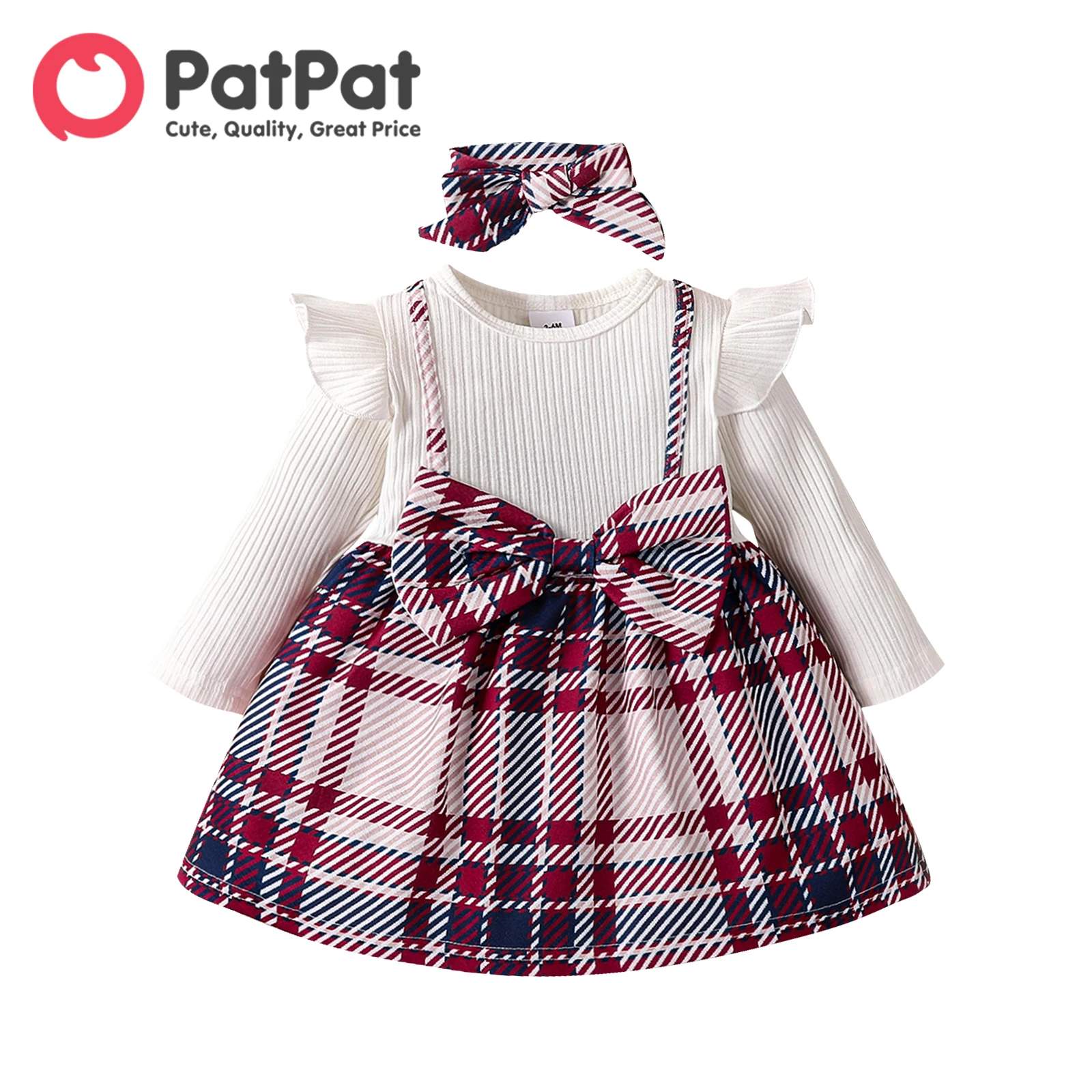 

PatPat 2pcs Baby Girl 95% Cotton Rib Knit Ruffle Trim Long-sleeve Spliced Plaid Bow Front Dress with Headband Set