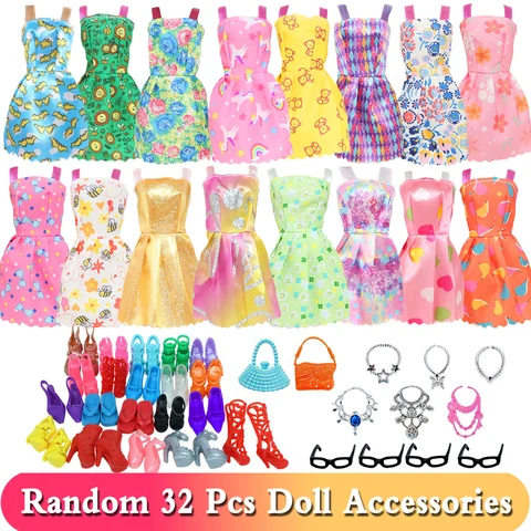 32 предмета / набор кукольных аксессуаров = 10 смешанных модных милых платьев + 4 очка + 6 ожерелий + 2 сумочки + 10 туфель, модельная одежда для куклы Барби