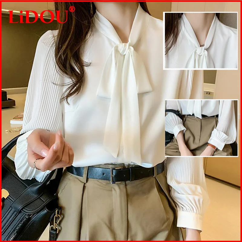 Fashion Women Blouses Spring Autumn New All-match Office Lady Bow Long Sleeve White Pressure Pleated Sleeve Lacing Chiffon Shirt
Fashion Women Blouses Spring Autumn New All-match Office Lady Bow Long Sleeve White Pressure Pleated Sleeve Lacing Chiffon Shirt