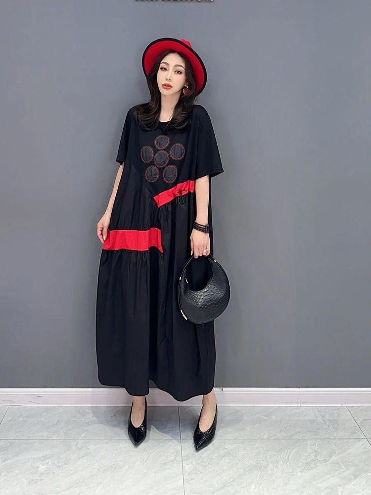 

SuperAen 2023 летнее Новое корейское повседневное лоскутное платье модное женское длинное платье с коротким рукавом